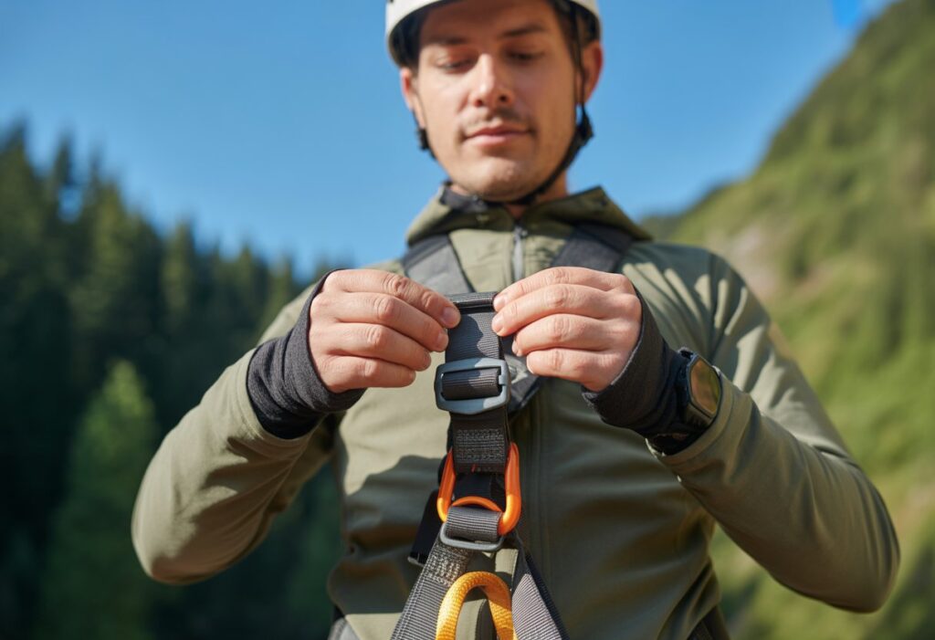 A person adjusting the strap of a harness before an outdoor activity.