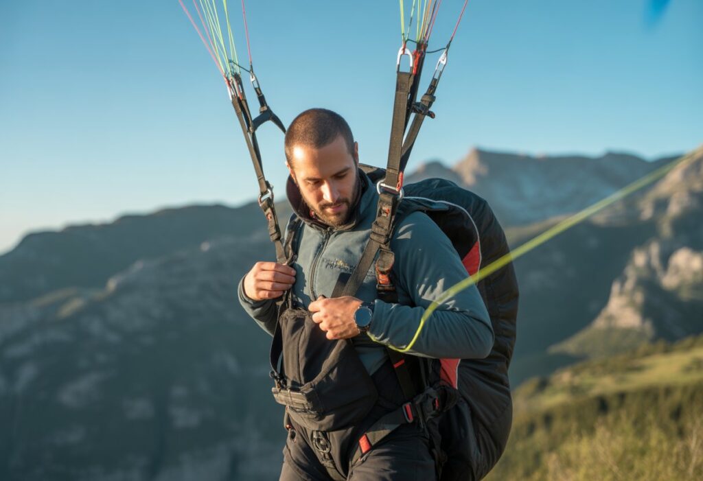 A paraglider pilot adjusting harness straps outdoors before launch with mountains in the background.