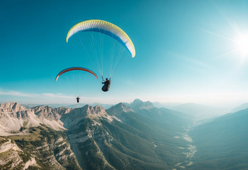 Two paragliders flying side by side over mountains under a clear blue sky.