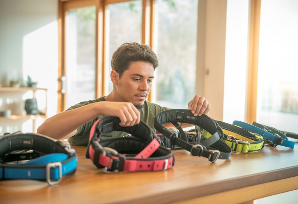 A person examining various acro harnesses displayed on a wooden table in a bright room.