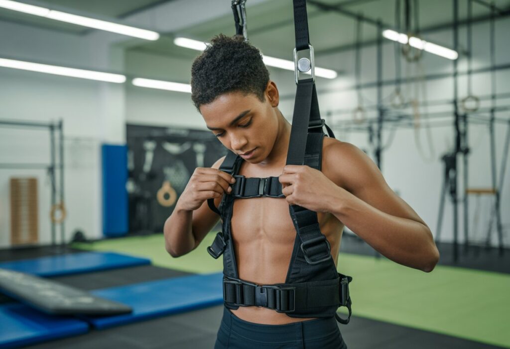 A person examining and adjusting an acro harness in a gym setting.

