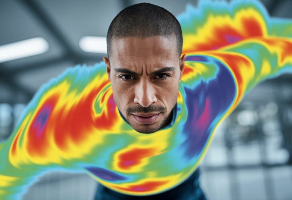 A person in mid-air surrounded by colorful thermal imaging patterns, showing focus and mental preparation before flight.