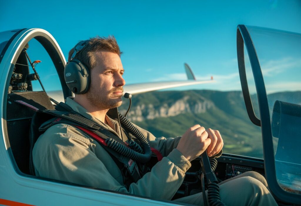 A pilot in a glider cockpit preparing mentally for thermal flying with a clear sky and mountainous landscape outside.