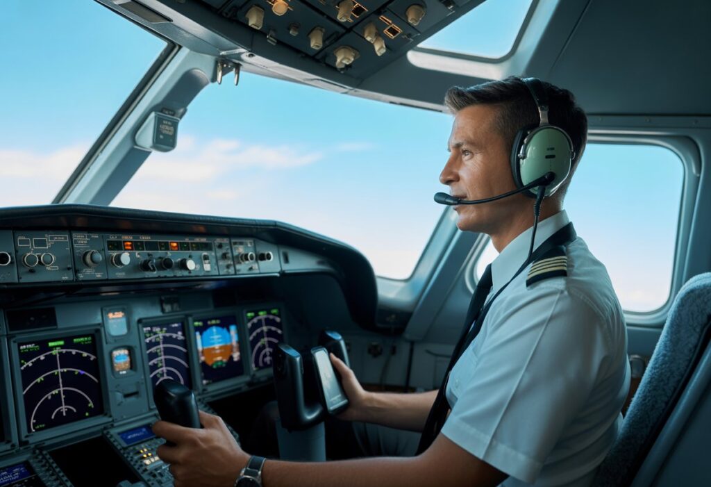 Pilot in an airplane cockpit operating flight controls with clear sky visible outside.