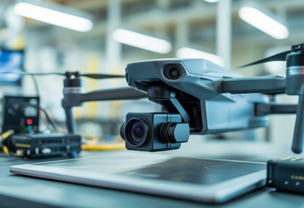 Close-up of advanced thermal flying equipment including a drone with thermal imaging camera on a modern workstation in a lab setting.