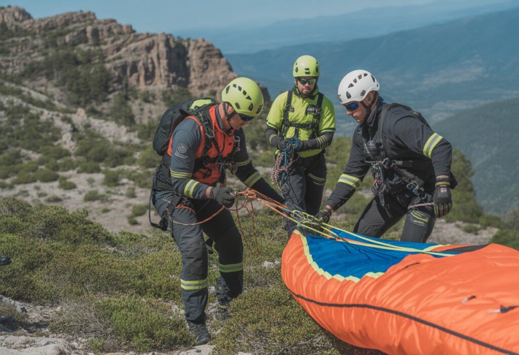 Emergency responders in safety gear managing a speed flying canopy during a mountain rescue operation.