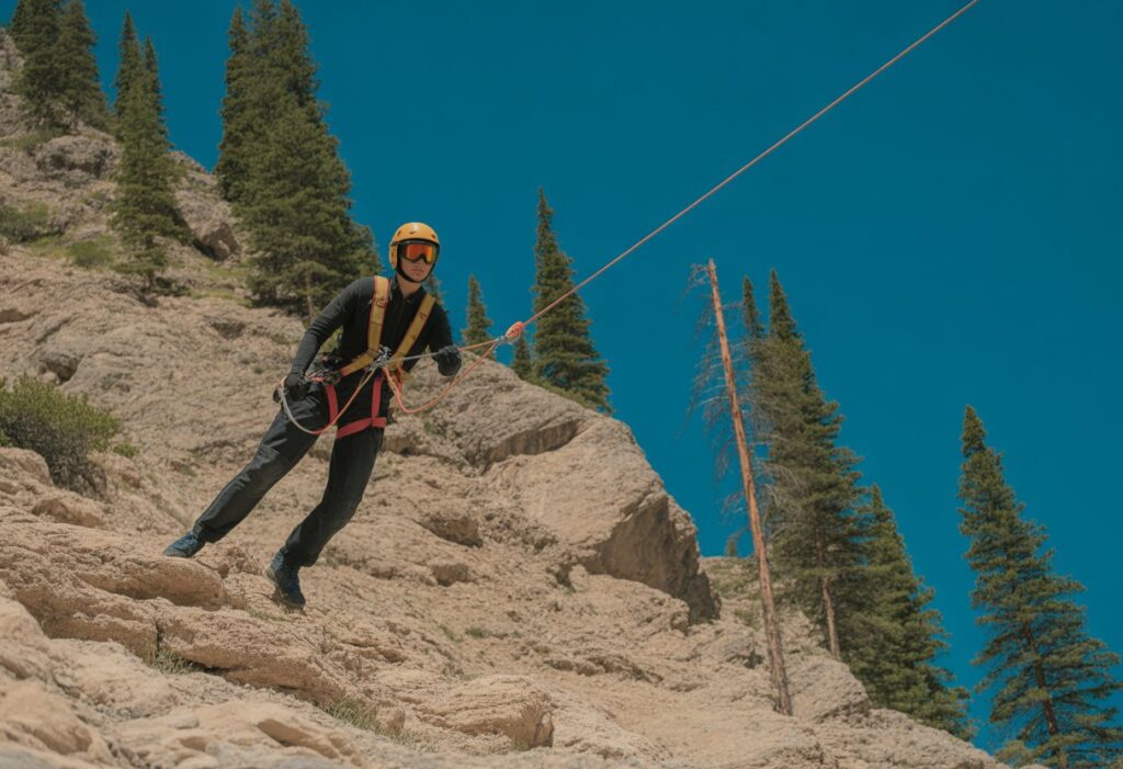 A speed flyer in safety gear navigating near a rocky mountain slope with pine trees under clear blue skies.