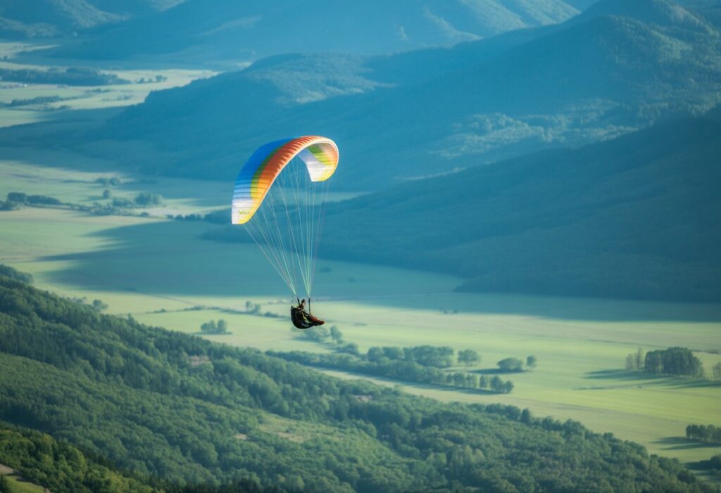 A paraglider flying high above green mountains and valleys under a clear blue sky.