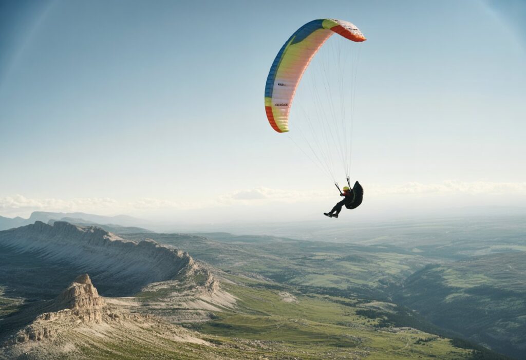 A paraglider performing a twisted trick high above a mountainous landscape under a blue sky.