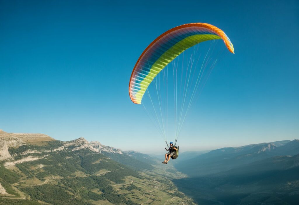 A paraglider flying over a mountainous valley with colorful wings and a pilot controlling the glider under a clear sky.