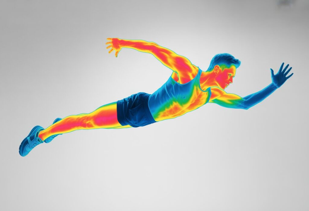 A person in athletic wear flying in mid-air with thermal imaging colors highlighting their body heat and muscles.