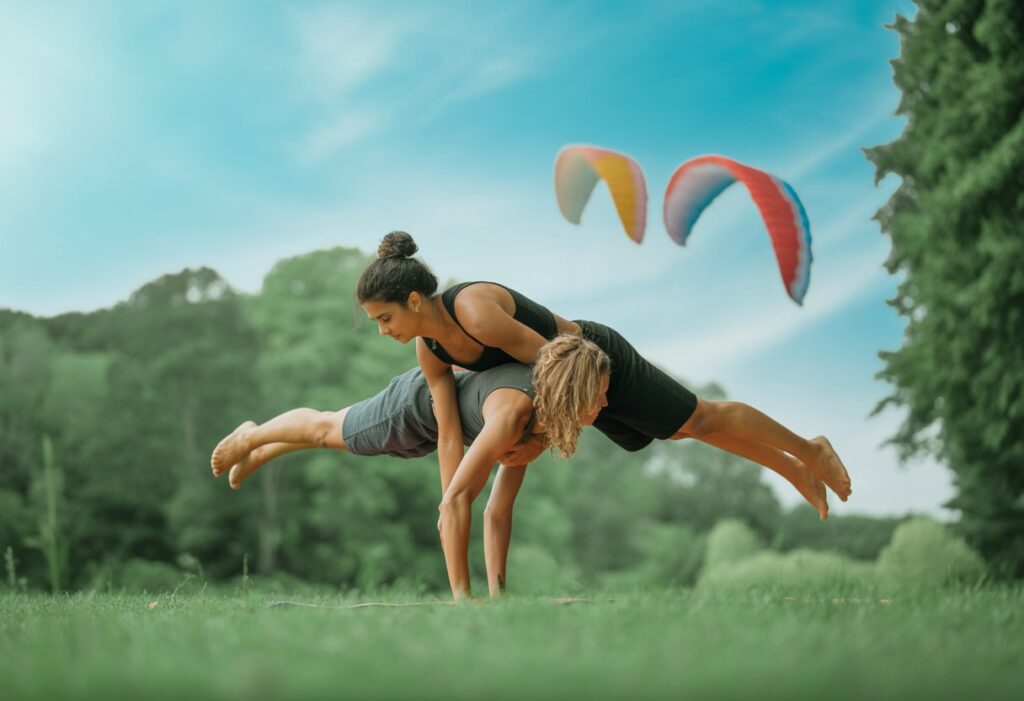 Two people practicing acro yoga outdoors in a park under a blue sky with light clouds and a gentle breeze, with paragliding wings visible in the background.