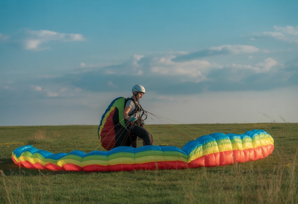 A pilot preparing a colorful acro paraglider wing under a clear blue sky with scattered clouds and gentle wind over an open field.