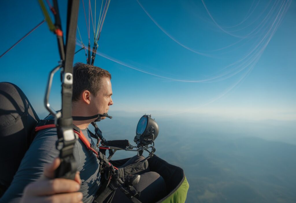 Paragliding pilot checking flight instruments mid-air, with a clear sky and visible thermal updrafts outside the harness-mounted cockpit view.