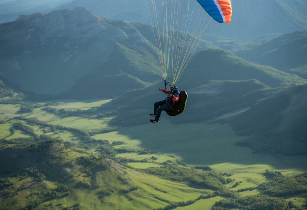 A paraglider performing wing overs high above mountains with green valleys and clear blue sky.