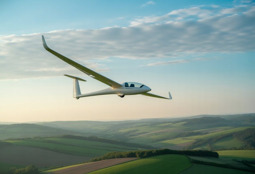A glider soaring high above a landscape of hills and fields, rising with warm air currents under a clear blue sky with scattered clouds.