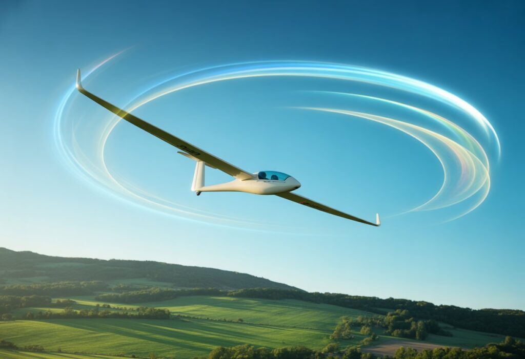 A glider soaring in a clear blue sky above green fields and hills, with visible swirling air currents representing thermal lift.