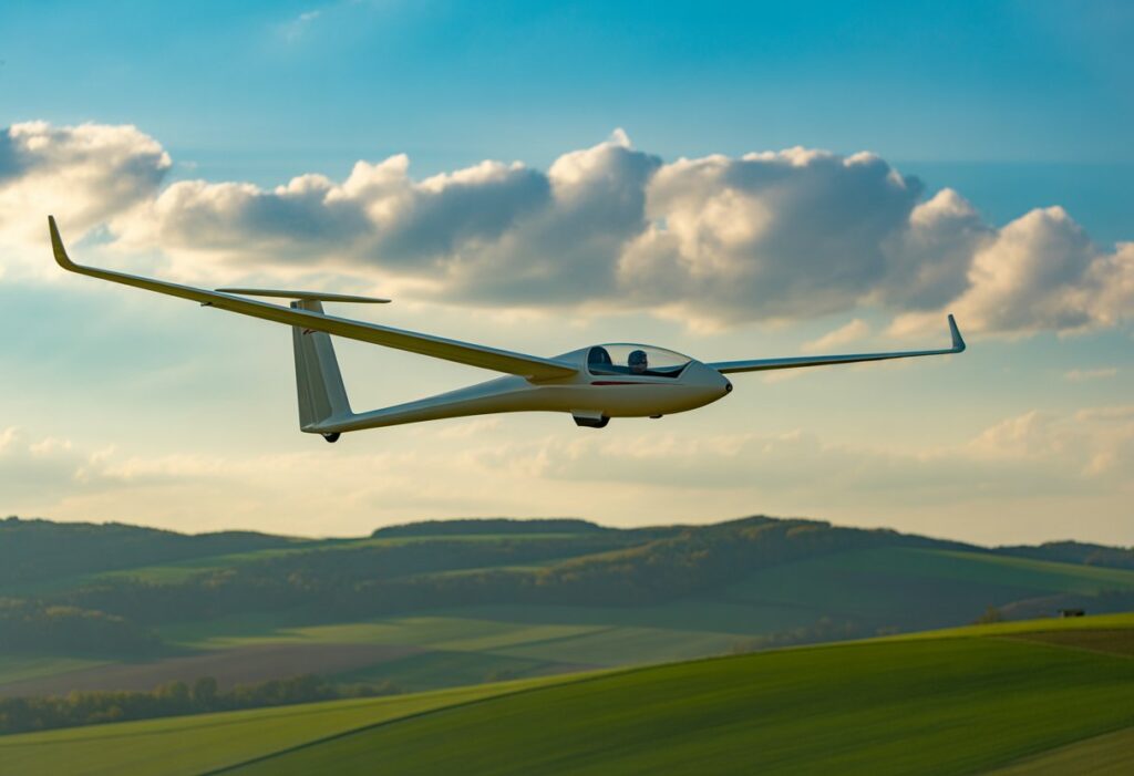 A glider soaring under a blue sky with scattered cumulus clouds above rolling hills and fields.