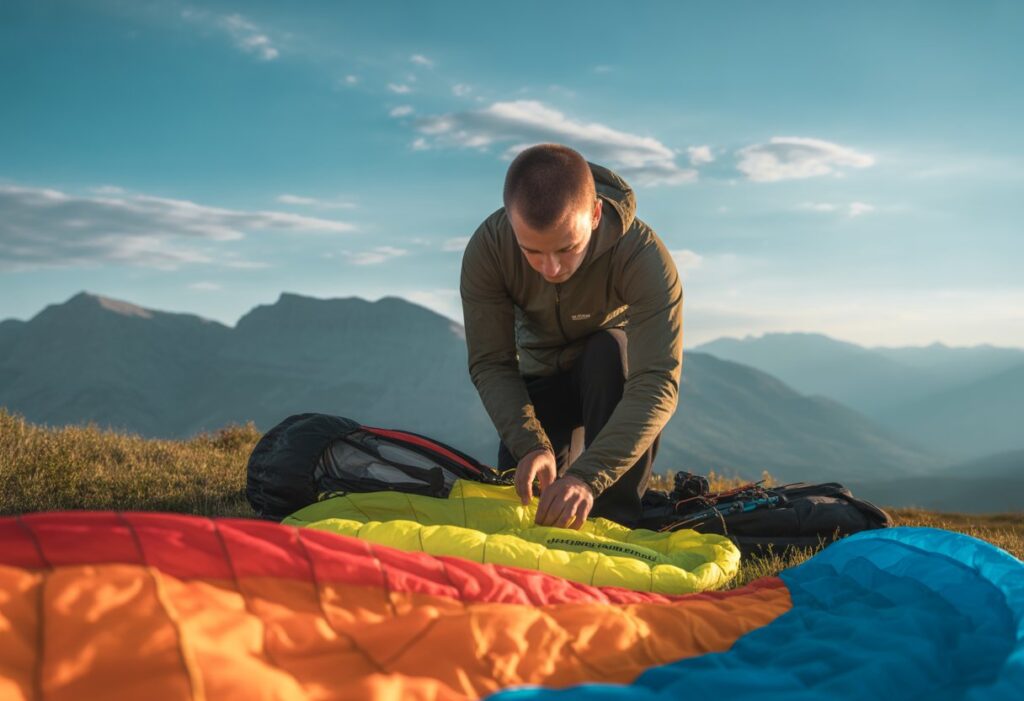A person packing speed flying gear outdoors with mountains and blue sky in the background.