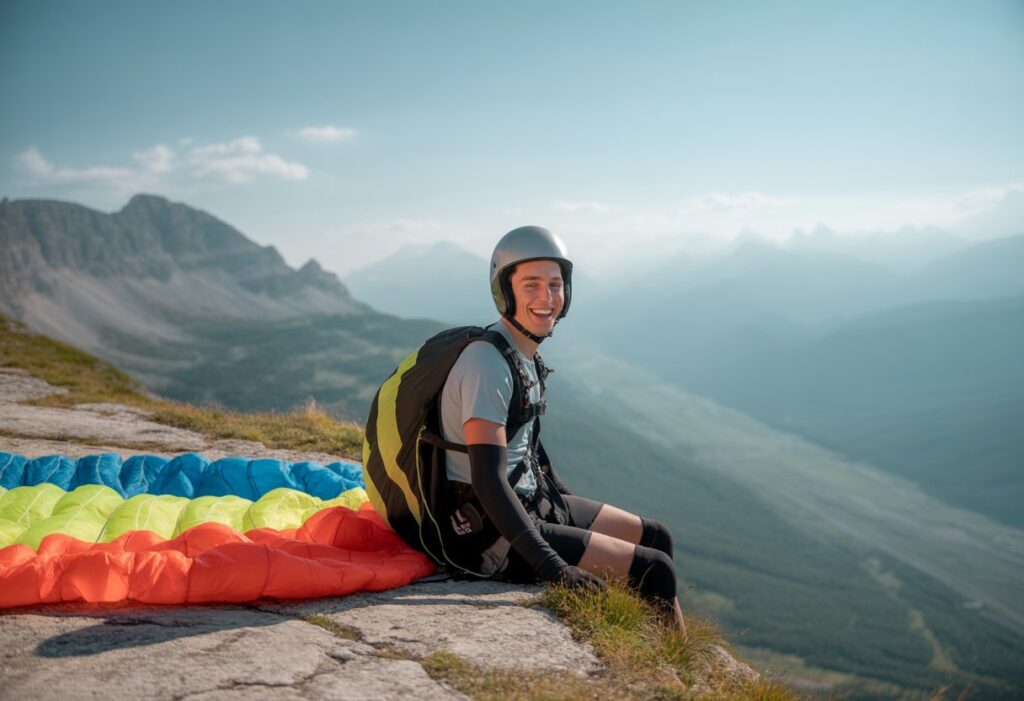 An athlete is sitting happily while preparing for speed flying with a parachute in a mountain landscape, not yet flying.