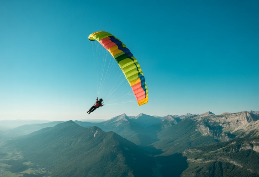 A person speed flying with a colorful wing and a parachute over mountains and green valleys under a clear blue sky.