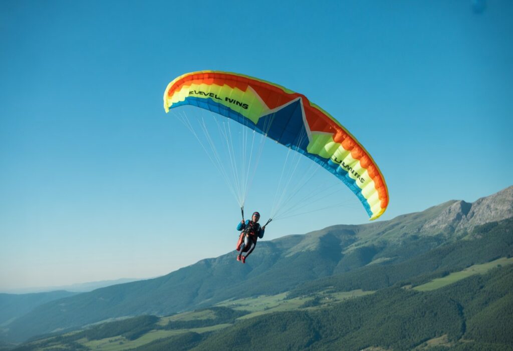 A person speed flying with a colorful Level Wings Speedforce wing and parachute over mountains and green valleys under a clear blue sky.
