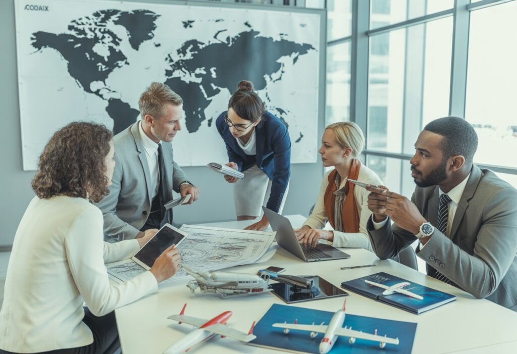A group of professionals discussing speed flying regulations in an office with a world map and aviation-related materials.