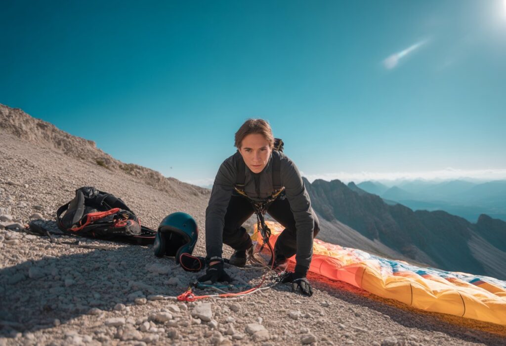 A person crouched on a mountain slope, looking at the camera while preparing to launch, with speed flying gear spread out nearby under a clear blue sky and rugged mountains in the background.